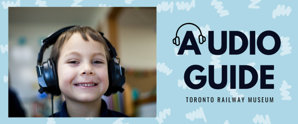 Audio guide banner boy listening to headphones