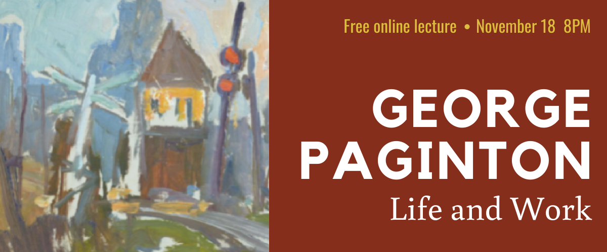 A close-up section of a George Paginton painting depicting a colourful railway building and crossing signal. Text reads “george paginton: life and work” Free online lecture, November 18 8 P.M.”