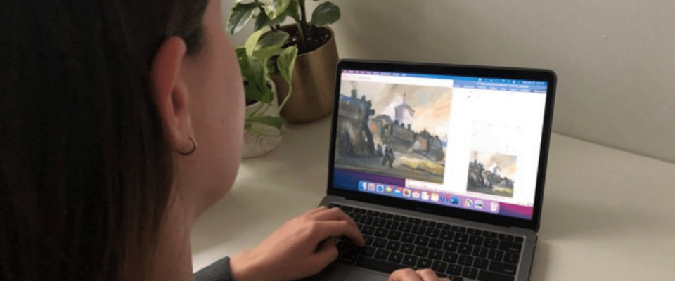 View of a laptop screen featuring a painting by Paginton, taken from behind a woman sitting at the computer.