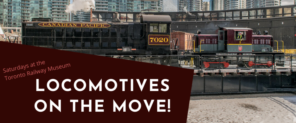 Photograph of two locomotives with "Locomotives on the Move" in text over the photograph