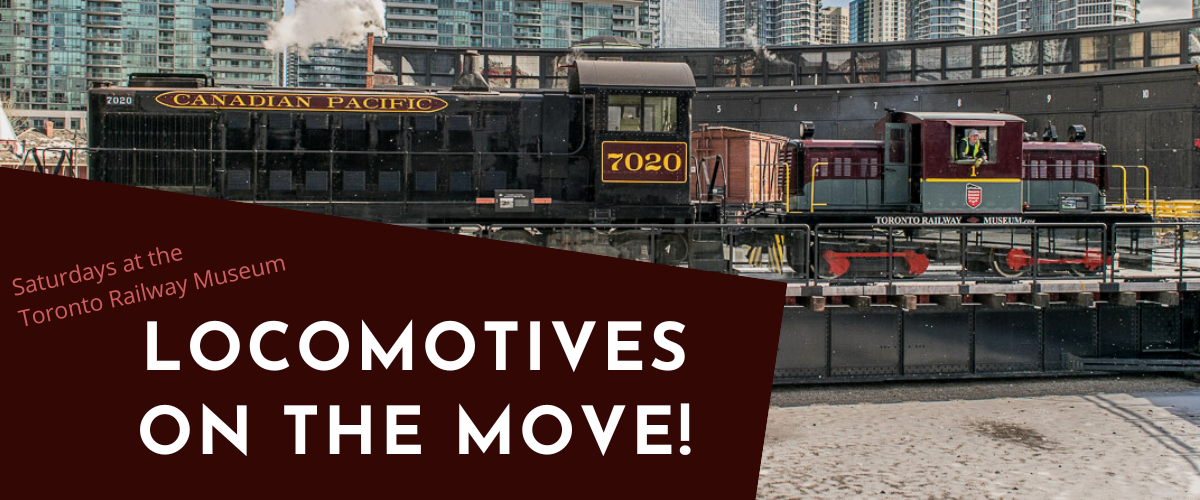 Photograph of two locomotives with "Locomotives on the Move" in text over the photograph